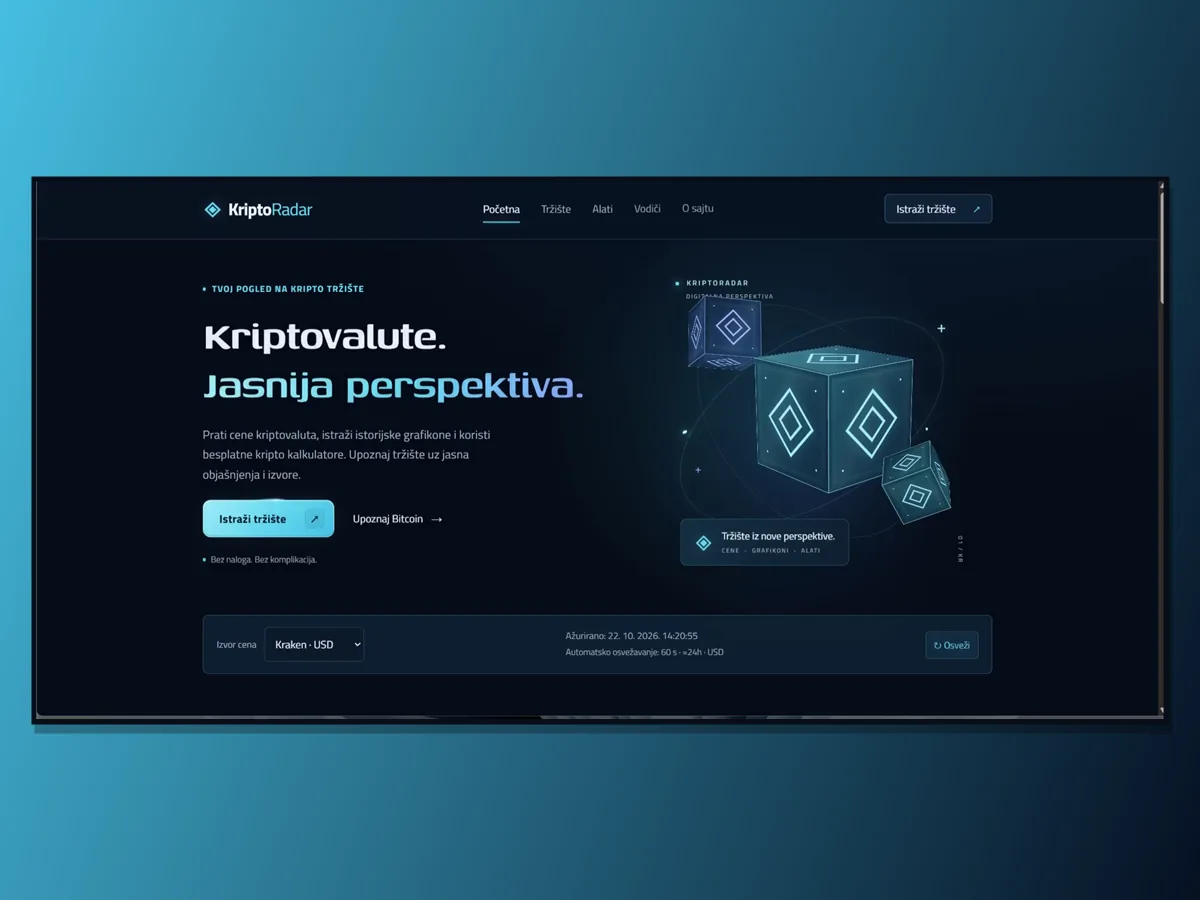 Sajt KriptoRadar prikazan na ekranu — tamna početna strana sa naslovom „Kriptovalute. Jasnija perspektiva.“