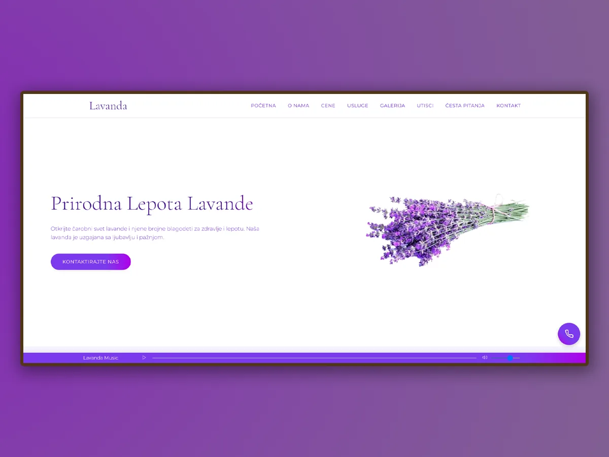 Sajt Lavanda Beograd prikazan na ekranu — početna strana u ljubičastim i belim tonovima